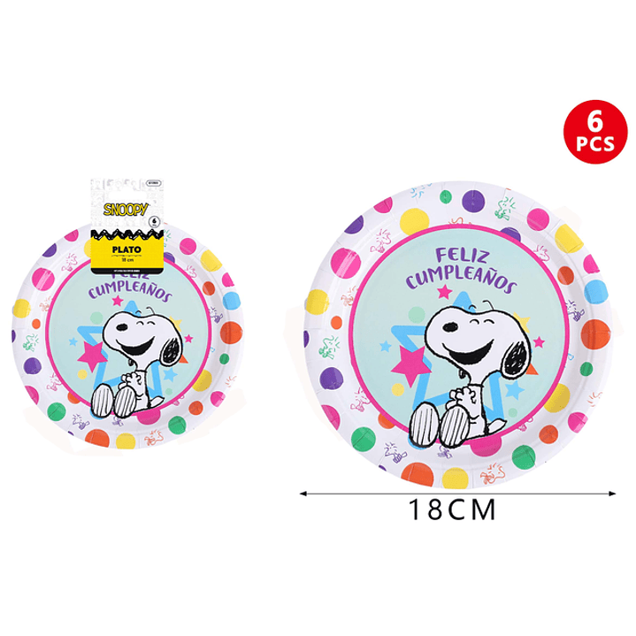 Plato de Cartón Snoopy Puntos 18cm 6pcs